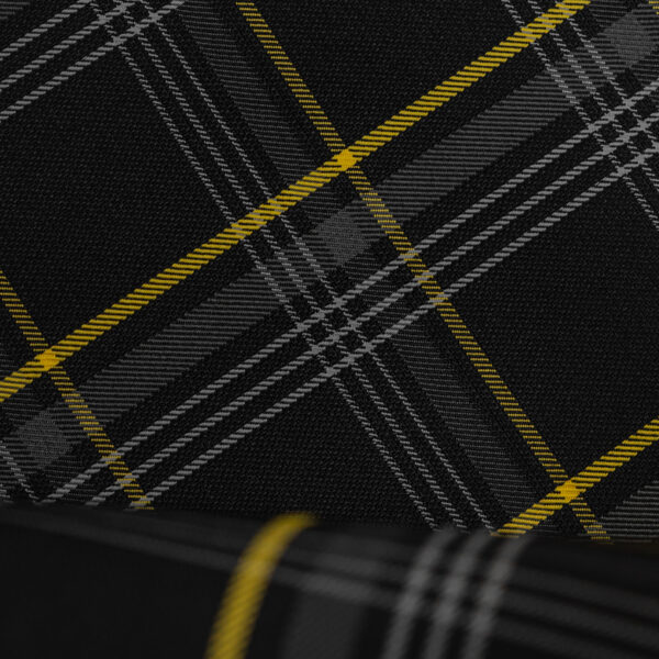 Tartan black, gray with yellow stripes fabric. Originally used in the Volkswagen Golf MK7 models like GTI, GTE and GTD.