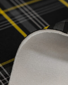 Tartan black, gray with yellow stripes fabric. Originally used in the Volkswagen Golf MK7 models like GTI, GTE and GTD.