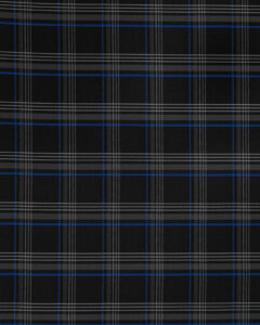 Tartan black, gray with blue stripes fabric. Originally used in the Volkswagen Golf MK7 models like GTI, GTE and GTD.