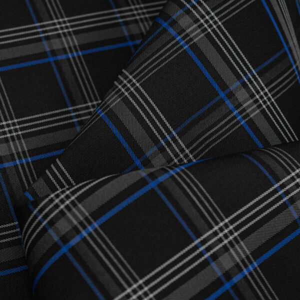 Tartan black, gray with blue stripes fabric. Originally used in the Volkswagen Golf MK7 models like GTI, GTE and GTD.