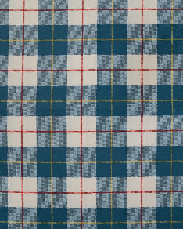 Tartan blue& white with red & yellow stripes.