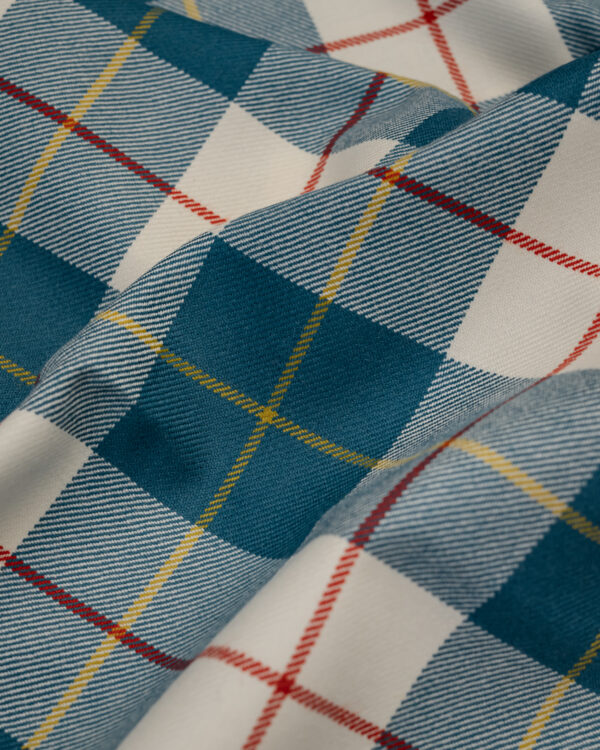 Tartan blue& white with red & yellow stripes.