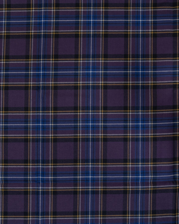 Tartan purple with blue, gold and white stripes.