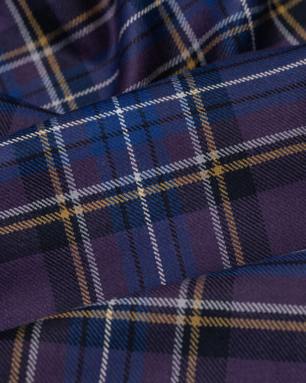 Tartan purple with blue, gold and white stripes.