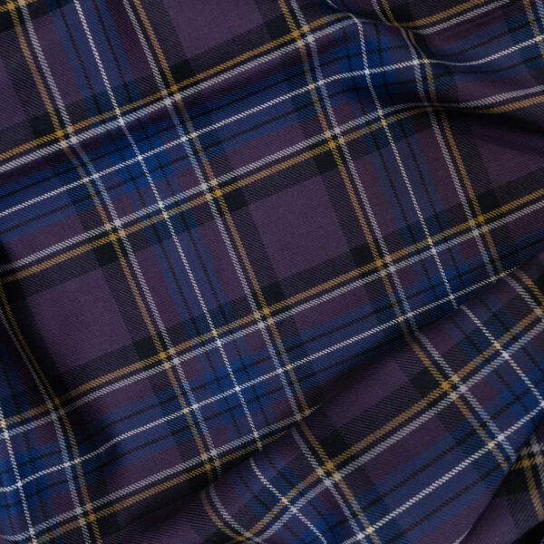 Tartan purple with blue, gold and white stripes.